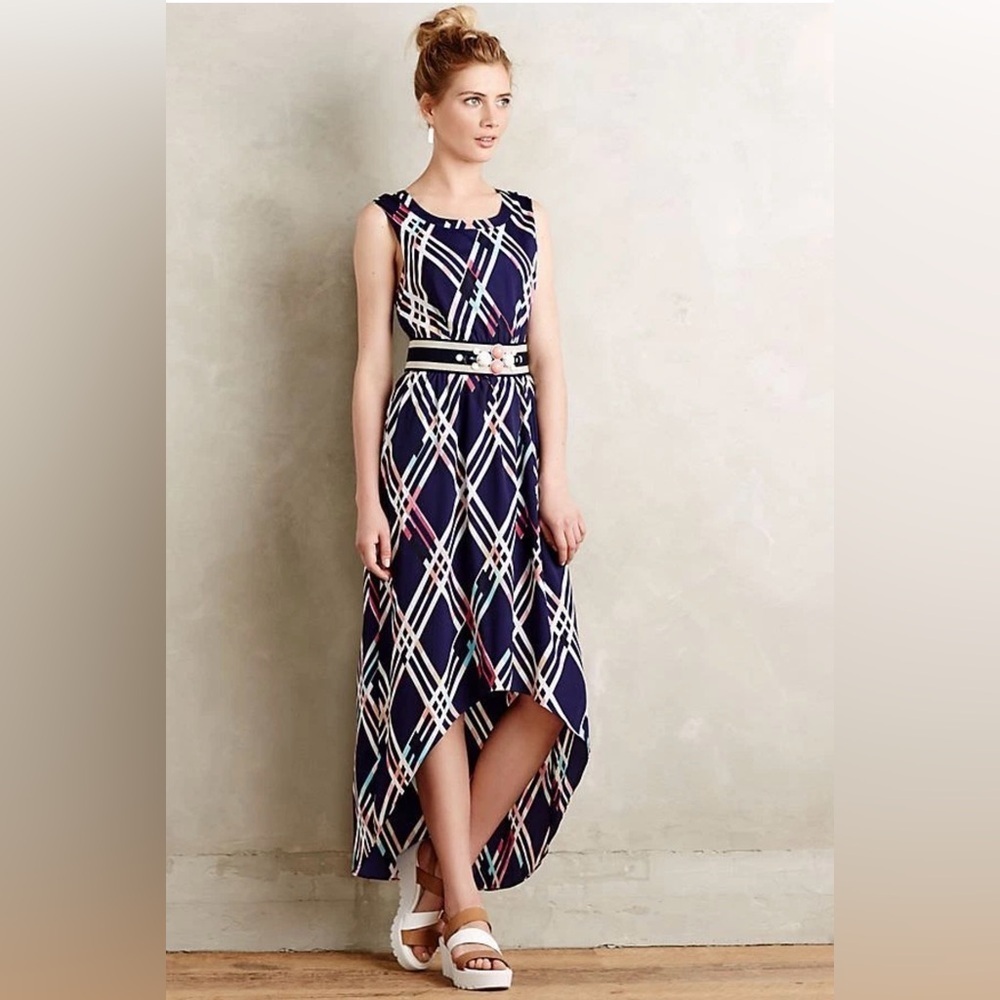 MP medium petite Anthropologie Maeve diamant maxi dress hi low blue Geometric